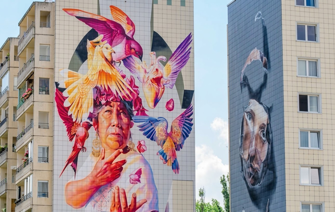 Bunte Wandmalereien an Hochhäusern: Frau mit Vögeln und großes Porträt an nebendem Gebäude